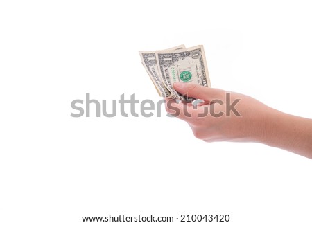 woman hand holding money dollars isolated on white background