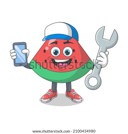 Cute Happy Watermelon Mechanic Cartoon Vector Illustration. Fruit Mascot Character Concept Isolated Premium Vector