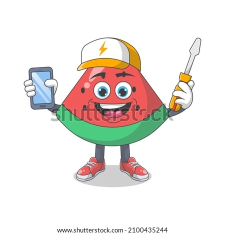 Cute Happy Watermelon Electrician Cartoon Vector Illustration. Fruit Mascot Character Concept Isolated Premium Vector