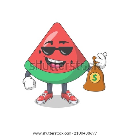 Cute Happy Watermelon With Money Bag Cartoon Vector Illustration. Fruit Mascot Character Concept Isolated Premium Vector