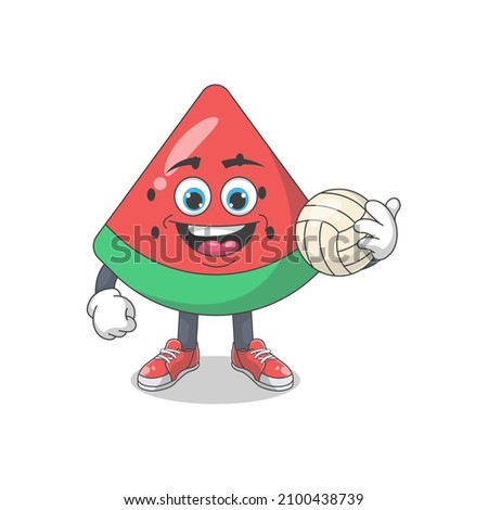 Cute Happy Watermelon With Volleyball Cartoon Vector Illustration. Fruit Mascot Character Concept Isolated Premium Vector