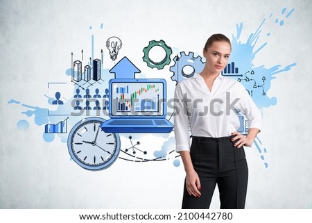 Office woman with confident look on background of business strategy plan. Start up doodle plan with financial chart and recruitment plan, time management. Concept of planning