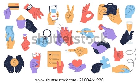 Colourful hands collection with different stuff, clock, phone, credit card, coin, camera, wine glass, heart and various gestures. Vector illustration isolated on white background. Flat cartoon style.