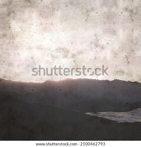 stylish textured old paper square background with landscape of mountainous part of 
Cantabria in the North of Spain