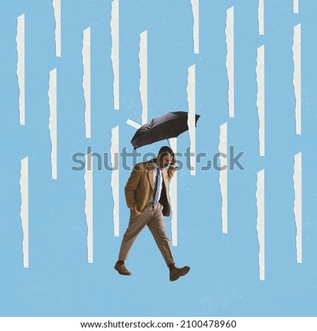 Contemporary art collage. Man, businessman in suit with umbrella walk in paper rain over blue background. Concept of career, failure, creativity, vintage style, business. Copy space for ad