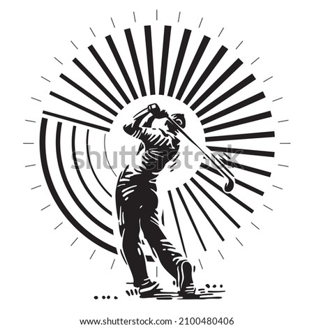 Silhouette man playing golf on a golf course in the sun. Engraving style Royalty-Free Stock Photo #2100480406