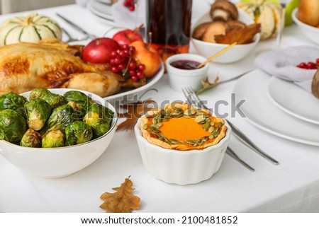 Pumpkin pie on table served for Thanksgiving dinner