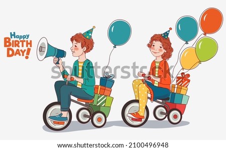 Cute boy and girl rides on bicycle. Funny kids having fun. Happy Birthday vector illustration. Girl shouting on the megaphone