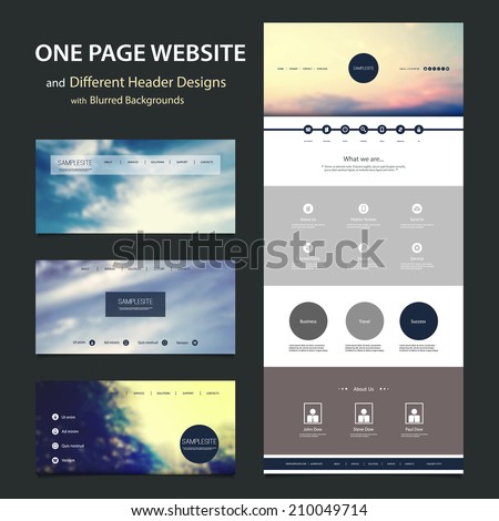 One Page Website Template and Different Header Designs with Blurred Backgrounds Royalty-Free Stock Photo #210049714