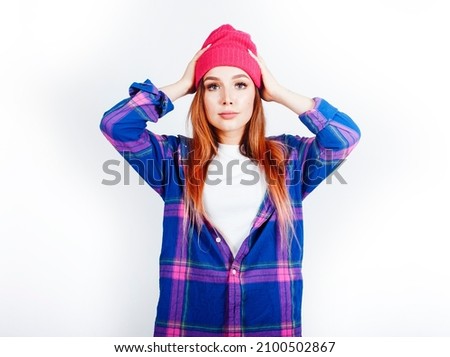 young pretty stylish hipster girl posing emotional isolated on white background happy smiling cool smile, lifestyle people concept
