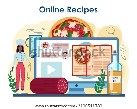 Pizzeria online service or platform. Chef cooking tasty delicious pizza. Italian food. Salami and mozarella cheese, tomato slice. Online recipe. Flat vector illustration
