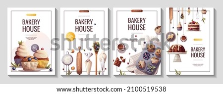 Set of flyers for baking, bakery shop, cooking, sweet products, dessert, pastry. A4 Vector illustration for poster, banner, cover, flyer, menu, advertising. Royalty-Free Stock Photo #2100519538