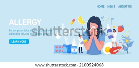 Woman with allergy from pollen, citrus, berry, shrimps, eggs. Runny nose and watery eyes. Seasonal disease. Illness with cough, cold, sneeze symptoms. Doctor treat allergy with medicines, pills Royalty-Free Stock Photo #2100524068