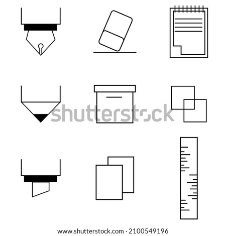 Set of outline icons related to educational school supplies, pencil, pen, eraser.