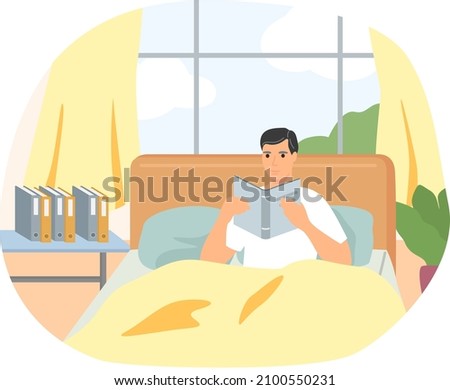 Cute man in pajamas reading literature on his bed comfortably. Book lover concept with young man lying relax on sofa and reading book. Concept of homeward and comfort. Person relaxes after work Royalty-Free Stock Photo #2100550231