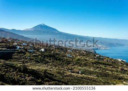 Panoramic view of Tenerife island with the Teide volcano in the background on a sunny day.Canary Islands. Spain