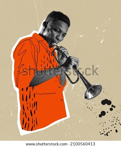 Lovely sounds. Creatie retro design. Contemporary art collage of young stylish man playing trumpet isolated over gray background. Concept of music lifestyle, creativity, inspiration, imagination, ad