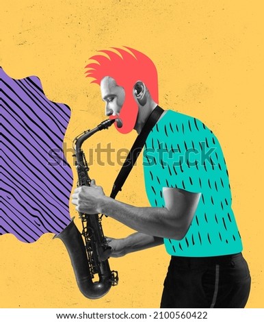 Contemporary art collage. Young man, hipster playing trumpet isolated over yellow background. Modern design. Concept of music lifestyle, creativity, inspiration, imagination, fashion and ad