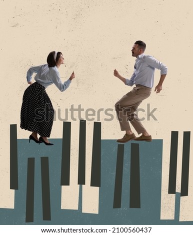 Retro design. Contemporary art collage of couple dancing on piano keys isolated over beige background. Vintage style. Concept of creativity, art lifestyle, inspiration, dance, fashion and ad