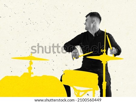 Modern creative artwork, design. Contemporary art collage of young man playing yellow drawn drums isolated over white background. Concept of music lifestyle, creativity, inspiration, imagination, ad