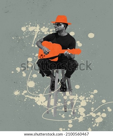 Contemporary art collage. Retro style. Young man, fashionable hipster playing guitar isolated over gray background. Modern design. Concept of music lifestyle, inspiration, youth, creativity and ad