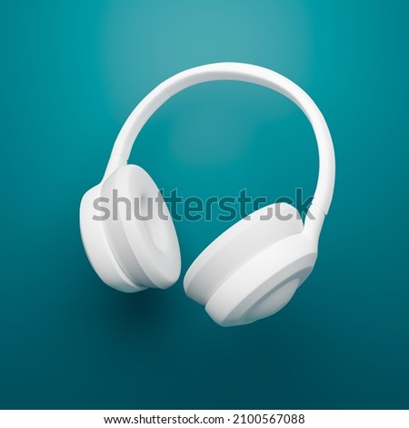 3D Rendering white headphones on turquoise background. 