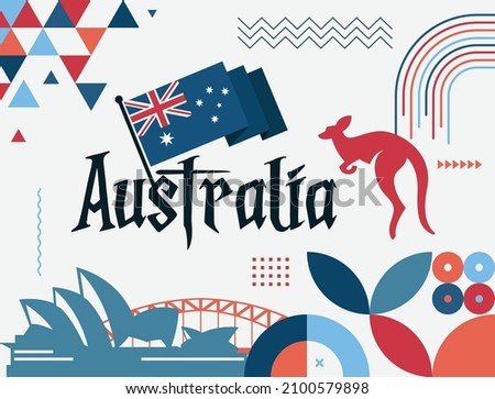 Australia day banner design for 26 January. Abstract geometric banner for the national day of Australia in shapes of red and blue colors. Australian flag theme with landmark background.  Royalty-Free Stock Photo #2100579898