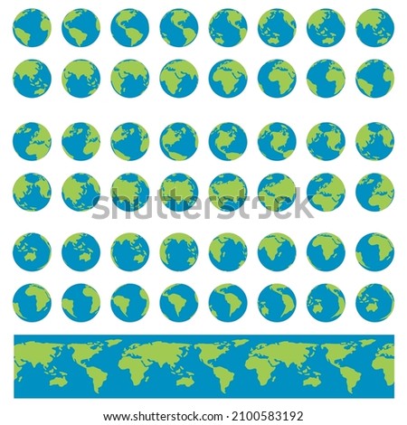 Earth Globes set. Planet Earth turnaround, rotation at different angles for animation. Flat vector Illustration. 