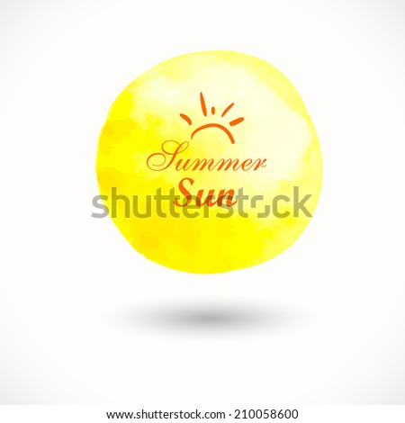 Hand drawn watercolour illustration.  Background. Yellow watercolor circle with the word summer holidays. Watercolor vector background for retro design (2)