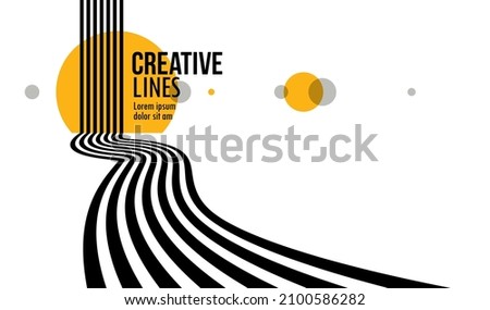 3D black and white lines in perspective with yellow elements abstract vector background, linear perspective illustration op art, road to horizon. Royalty-Free Stock Photo #2100586282
