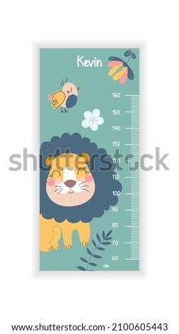Kids height chart concept. Cute ruler with wild smiling lion, exotic bird, flowers, leaves and name Kevin. Tool for measuring body length. Cartoon flat vector illustration isolated on white background