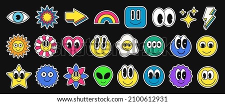 Cool Cartoon Smile Emoticon Character Stickers Collection. Set of Trendy Cute Funny Patches. Pop Art Elements. Royalty-Free Stock Photo #2100612931