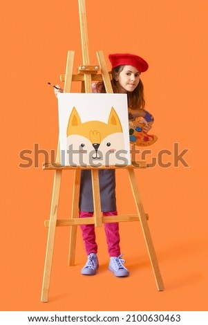 Cute little painter on color background