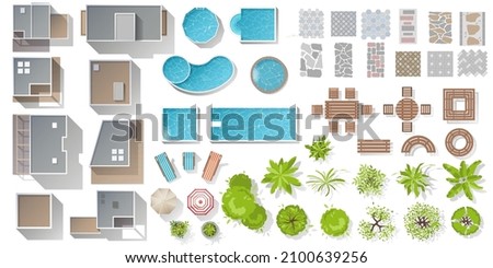 Architectural and Landscape elements top view. Kit for landscape, cityscape design. Objects for project, map. Vector collection of house, cottage, plant, tree, swimming pool, outdoor furniture, tile Royalty-Free Stock Photo #2100639256