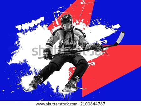 Creative sport design. Contemporary art collage of young motivated woman, hockey player in uniform isolated on multicolored textured background. Concept of sport, health, concentration, artwork and ad