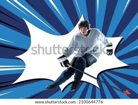Colorful design. Contemporary art collage of young boy, hockey player in protective uniform training isolated over blue white background. Pop art style. Concept of sport, health, creativity and ad