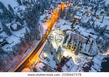 Zakopane Town under Giewont Mount in Winter. Aerial Drone View.