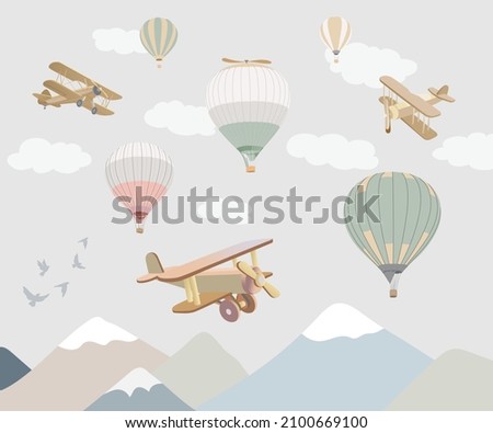 Vector illustration: balloons and planes, mountings and clouds. Wallpaper for nursery, for boys. Pastel colors