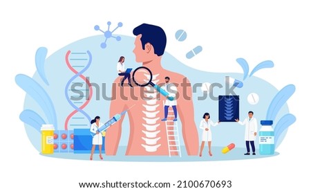 Man suffering from spine pain visiting osteopath. Tiny doctor examining xray of patient spine. Backache, rheumatism, deformity, vertebral inflammation treatment. Spine backbone disease diagnostics. Royalty-Free Stock Photo #2100670693