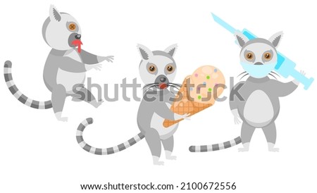 Set Abstract Collection Flat Cartoon Different Animal Lemur With Huge Ice Cream, Zombie, Masked Doctor With Syringe Vector Design Style Elements Fauna Wildlife