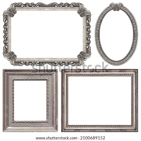 Set of silver frames for paintings, mirrors or photo isolated on white background