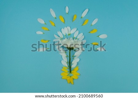 composition in the form of a light bulb of yellow and white flower petals and a white flower. picture of a good idea