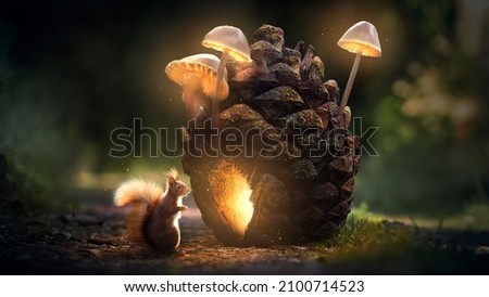 Squirrel's Hut.Pine Cone Cottage,Squirrel standing in front of the glowing pine cone hut。Fairy tale style, dream style