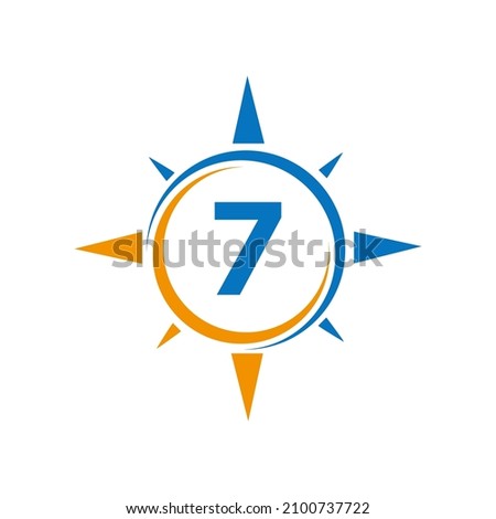 Compass Logo Design On Letter 7 Concept. Letter 7 Compass Adventure Logo Sign Vector Template