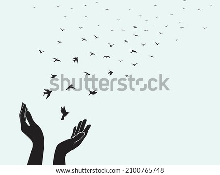 Bird set free , bird flying for freedom from an open hand, freedom concept, silhouette of a bird released from hand. World bird day. vector illustrations