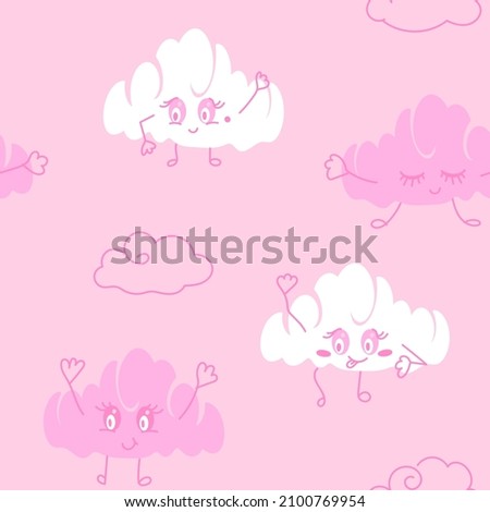 Pink clouds pattern. Seamless cartoon clouds pattern for animation. Cheerful clouds with cute faces. 