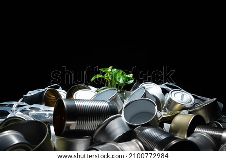 Green growing plant in soil full of tin aluminum dirt trash. Agriculture and gardening or ecology disaster. Concept of environmental catastrophic apocalypse due metal aluminum tin garbage pollution.  Royalty-Free Stock Photo #2100772984