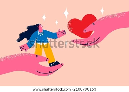 Hand with woman and heart shape. Concept of support and kindness in community. Female volunteer share empathy and hope with needy. Help and compassion in life. Flat vector illustration. 