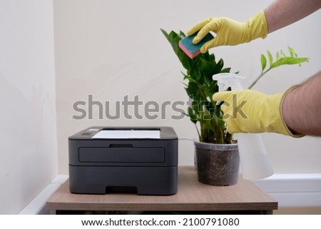 Cleaning the office, a janitor in yellow gloves wipes a potted plant with a sponge.