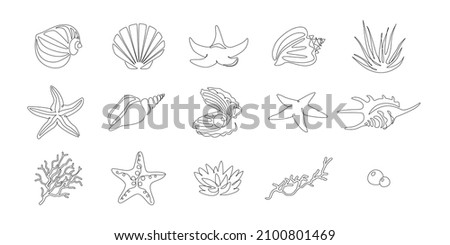 Set of seashells and starfishes. Continuous one line drawing of oyster mollusk with pearl corral and snail shells in simple linear style. Modern minimalist outline icon. Doodle Vector illustration Royalty-Free Stock Photo #2100801469